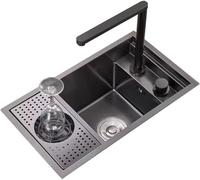 ZHENCHAO Single Bowl Stainless Steel Invisible Sink with Glass Washer Coffee Shop Restaurant Bar Concealed Sink RV Small Sink with Cover, Lift Faucet Save Space (Color : Black, Size : 70 *
