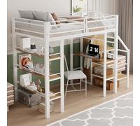 ZHFASDS Lit Mezzanine 90 * 200cm, éTagèRe De Rangement à Trois Niveaux, Bureau, Armoire, Marches De SéCurité avec Compartiment De Rangement, Conception De ClôTure Haute, Lit en Fer, Simple (White)