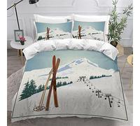 3D Housse de Couette Montagne Enneigée 200x200 Enfant 2Personnes Fermeture Éclair Microfibre Ultra Doux Respirante Hiver Paysage Ski Parure de Lit ado Fille Garcon 2 Taies d'oreiller 50x75