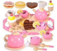 ZHHGOO Services à Thé en Bois,Service à Thé Jouets Montessori,Dînette Enfant Accessoire Jeux de Cuisine,Jouet de Cuisine en Bois Faisant Semblant pour Enfants Filles 3 4 5 6 7 Ans,Rose