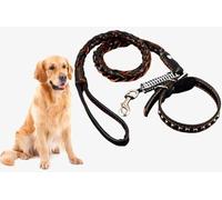 ZHHSUNY Ensemble de Laisse de Collier de Chien en Cuir Véritable,Corde de Traction Tressée Durable, Pas Facile à Casser, pour Colliers de Chien de Taille Moyenne et Grande (Noir, S)