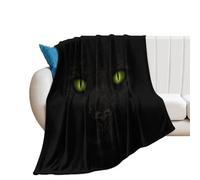 Zhimahou Couverture de 150 x 125 cm, motif chat noir avec yeux verts dans la nuit, couverture chaude et confortable, couverture en peluche confortable, cadeau de Saint-Valentin