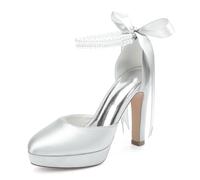 ZhiQin Argent,35 EU, Élégants Escarpins De Mariée en Satin Blanc, Talon Stiletto De 11,6 Cm avec Perles Et Ruban