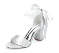 ZhiQin Argent,37 EU, Talons De Mariée en Satin Ivoire, Talon Épais De 9 Cm, Sandales De Mariage avec Perles Et Ruban