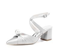 ZhiQin Argent,39 EU, Pearl Talons Mules Élégants en Satin Blanc - Sandales de Mariage à Talon Épais Bout Pointu, Boucle Courroie Croisée