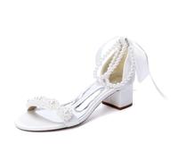 ZhiQin ,Blanc,37 EU, Chaussures de Mariée Frange Perle Sandales de Mariage Talon Carré Satin Chaussures Soirée Demoiselle d'honneur 4.5cm