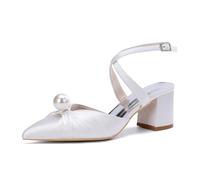 ZhiQin Blanc,42 EU, Pearl Talons Mules Élégants en Satin Blanc - Sandales de Mariage à Talon Épais Bout Pointu, Boucle Courroie Croisée