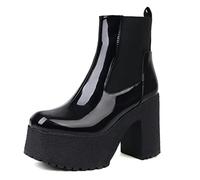 ZhiQin Bright,42 EU, Bottines Chelsea à Plateforme à Talons Hauts Épais pour Femmes, Bottines de Cheville Élastiques Noires (Vernies & Mat)