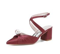 ZhiQin Burgundy,41 EU, Pearl Talons Mules Élégants en Satin Blanc - Sandales de Mariage à Talon Épais Bout Pointu, Boucle Courroie Croisée