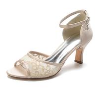 ZhiQin Champagne,42 EU, Chaussures de Mariage pour Mariee Satin Blanc & Dentelle Talon Aiguille 8.5cm Bout Ouvert Cinturino Caviglia Talons de Mariage