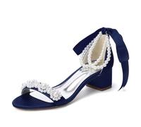 ZhiQin ,Dark Blue,39 EU, Chaussures de Mariée Frange Perle Sandales de Mariage Talon Carré Satin Chaussures Soirée Demoiselle d'honneur 4.5cm
