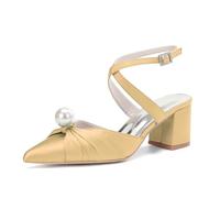 ZhiQin d'or,42 EU, Pearl Talons Mules Élégants en Satin Blanc - Sandales de Mariage à Talon Épais Bout Pointu, Boucle Courroie Croisée