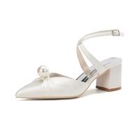 ZhiQin Ivoire,43 EU, Pearl Talons Mules Élégants en Satin Blanc - Sandales de Mariage à Talon Épais Bout Pointu, Boucle Courroie Croisée