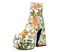 ZhiQin Jaune,38 EU, Plate-Forme de Bottines Broderie Dames Gothique Chelsea Combat Bottines épais Bottes à Talons Punk Moyens Hauts Chaussure pour Cuir