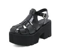 ZhiQin ,Noir,41 EU, Sandales Punk Talon Carré 8.5cm Chaussures Gothique Clous Rivets Cuir PU Plateforme à Boucles Fermeture Éclair