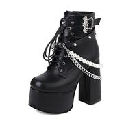 ZhiQin Noir,45 EU, Bottes de Cheville Gothiques à Lacets pour Femmes, Bottines à Plateforme Épaisse avec Boucle Chauve-Souris & Chaîne de Perles à Talons Hauts