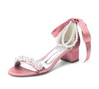 ZhiQin ,Rose,43 EU, Chaussures de Mariée Frange Perle Sandales de Mariage Talon Carré Satin Chaussures Soirée Demoiselle d'honneur 4.5cm