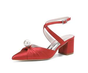 ZhiQin Rouge,35 EU, Pearl Talons Mules Élégants en Satin Blanc - Sandales de Mariage à Talon Épais Bout Pointu, Boucle Courroie Croisée