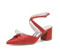 ZhiQin Rouge,41 EU, Pearl Talons Mules Élégants en Satin Blanc - Sandales de Mariage à Talon Épais Bout Pointu, Boucle Courroie Croisée