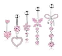 ZHITENG 5 Pièces Piercing Nombril Acier Chirurgical, Belly Button Rings Pendentif Long, Piercing Nombril Acier Inoxydable Comprend des Formes de Papillon, de Fleur et de Cœur(Rose)