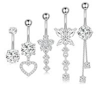 ZHITENG 5 Pièces Piercing Nombril Acier Chirurgical, Belly Button Rings Pendentif Long, Piercing Nombril Acier Inoxydable Comprend des Formes de Papillon, de Fleur et de Cœur(Argent)