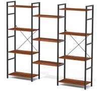 Zhitians Bibliothèque Industrielle Triple Large à 4 Niveaux - Bibliothèque Rustique en Bois Marron et métal Noir avec 11 étagères Ouvertes, Pieds réglables, Assemblage Facile pour la Maison et Le