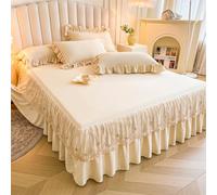 Zhiyuan Parure de lit 3 pièces lavable en coton avec jupe à volants en dentelle florale et 2 taies d'oreiller 200 x 220 x 40 cm, champagne