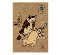 ZHJJD Japon Samouraï Chat Chat Tatouage Affiche Style Japonais RéTro Murale Art Tatouage Chat sur Toile Tableau Salon Chambre Decoration Murale Tableaux 60x80 Cm Pas De Cadre