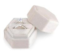 ZHjuju Écrin à Bagues en Velours Beige, Boîte à Bijoux Hexagonale à Double Fente pour 2 Bagues - Présentoir Élégant pour Fiançailles, Mariage, Proposition - Cadeau SaintValentin