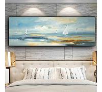 ZHMANLUCK Affiches et impressions de paysage de bateau abstrait naturel peinture à l'huile sur toile photo d'art mural scandinave pour salon 60x180cm (24x71in) avec cadre