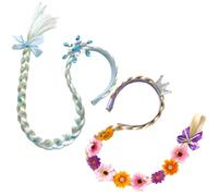 ZHMKYD13 Lot de 2 serre-têtes tressés de princesse - Cheveux longs pour fille - Perruque de cosplay de princesse avec fleur - Accessoires pour anniversaire d'enfant, Halloween, carnaval et mascarade