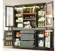 ZHOMGG Buffet Haut, Meuble de Rangement avec Plan de Travail,Buffet Cuisine | Armoire de Cuisine avec Éclairage LED, Meuble de Cuisine, 4 Portes, 3 Tiroirs, Étagères Réglables, Meuble Vitrine