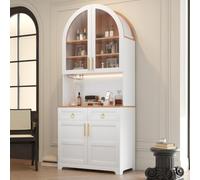 ZHOMGG Buffet, Meuble de Rangement avec Plan de Travail, LED et Prises | 2 Portes Verre et 2 Tiroirs, Étagères Réglables, 2AC+2USB, Buffet Salon, Niche en Arc, Poignées Vintage, 80x40x180 cm