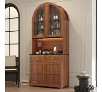 ZHOMGG Buffet, Meuble de Rangement avec Plan de Travail, LED et Prises | 2 Portes Verre et 2 Tiroirs, Étagères Réglables, 2AC+2USB, Buffet Salon, Niche en Arc, Poignées Vintage, 80x40x180 cm
