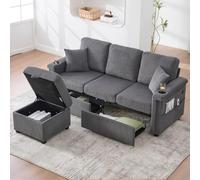 ZHOMGG Canapé en L à 3 Places avec 2 Tiroirs, Canapé Moderne avec 2 Porte-gobelets et Poches Latérales, Tabouret de Rangement Mobile, éclairage LED et Ports USB et Type-C (Gris Foncé)