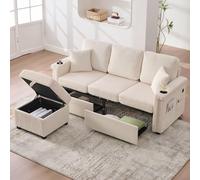 ZHOMGG Canapé en L à 3 Places avec 2 Tiroirs, Canapé Moderne avec 2 Porte-gobelets et Poches Latérales, Tabouret de Rangement Mobile, éclairage LED et Ports USB et Type-C (Beige)