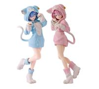 Zhongkaihua Rem and Ram Ensemble de figurines d'anime oreilles de chat mignonnes Rose Tenue de soubrette Figurine d'action Figurine Modèle Ornement de collection 21 cm