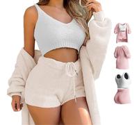 ZHONGLE Misscosy - Ensemble en Tricot 3 pièces,Pyjama 3 pièces Chaud et Sexy en Laine Polaire pour Femmes,Vêtements Misscosy 3 pièces pour Femmes (Blanc,Large)