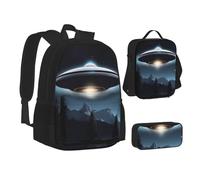 ZHONGSK Ensemble sac à dos 3 en 1 avec soucoupe volante la nuit - Cartable + trousse à crayons + sac à déjeuner - Sac à dos résistant à l'eau durable pour étudiants, enfants, adolescents, filles et