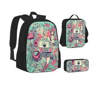 ZHONGSK Illustration I Love The 90s - Sac d'école + trousse à crayons + sac à déjeuner - Ensemble sac à dos 3 en 1 résistant à l'eau et durable pour étudiants, enfants, adolescents, filles et garçons,