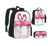 ZHONGSK Ink Flamants roses - Sac d'école, trousse à crayons + sac à déjeuner, ensemble sac à dos 3 en 1, résistant à l'eau et durable pour étudiants, enfants, adolescents, filles et garçons, Noir ,