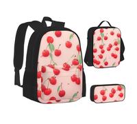ZHONGSK Lovely Sweet Red Cherry - Sac d'école + trousse à crayons + sac à déjeuner, ensemble sac à dos 3 en 1, sac à dos résistant à l'eau et durable pour étudiants, enfants, adolescents, filles et
