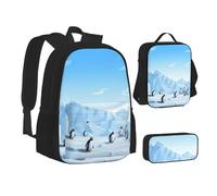 ZHONGSK Penguin Antarctica Ice - Sac d'école, trousse à crayons et sac à déjeuner, sac à dos 3 en 1, résistant à l'eau et durable pour étudiants, enfants, adolescents, filles et garçons, Noir , Taille