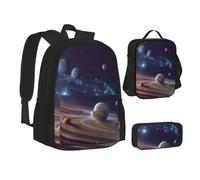 ZHONGSK Planet Space System - Ensemble cartable + trousse à crayons + sac à déjeuner - Sac à dos 3 en 1 résistant à l'eau et durable pour étudiants, enfants, adolescents, filles et garçons, Noir ,