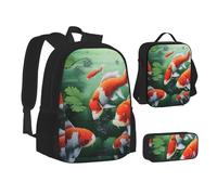 ZHONGSK Sac à dos 3 en 1 avec carpe rouge japonaise - Sac d'école + trousse à crayons + sac à déjeuner - Résistant à l'eau - Durable - Pour étudiants, enfants, adolescents, filles et garçons, Noir ,