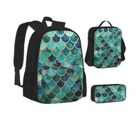 ZHONGSK Sac à dos 3 en 1 avec imprimé écailles de poisson sirène - Sac d'école + trousse à crayons + sac à déjeuner - Sac à dos résistant à l'eau durable pour étudiants, enfants, adolescents, filles