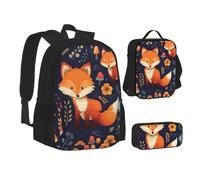ZHONGSK Sac à dos 3 en 1 avec motif animal mignon et fleur de renard - Sac d'école + trousse à crayons + sac à déjeuner - Sac à dos résistant à l'eau durable pour étudiants, enfants, adolescents,