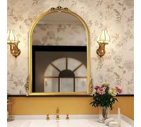 Zhoudong 100cm Vintage Miroir Décoratif Arqué, 80cm HD Miroir Antique Classique Mural de Salle de Bain, Baroque Style, Cadre étanche en PU, pour Deco Maison(Gold,70x100cm)
