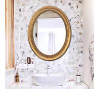 Zhoudong 58x72cm Ovale Miroir de Salle de Bain Mural, Miroir Décoration Baroque Doré Vintage, PU Cadre Argent, pour Commode Salle de Bain Cheminée Entrée(Gold)