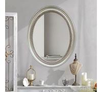 Zhoudong 58x72cm Ovale Miroir de Salle de Bain Mural, Miroir Décoration Baroque Doré Vintage, PU Cadre Argent, pour Commode Salle de Bain Cheminée Entrée(Silver)